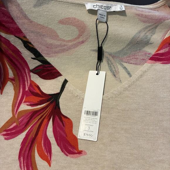 Chico's Pullover Sweater NWT Size 3 (XL) Lily V-Neck Hawaiian Autumn Blossom - Picture 4 of 7